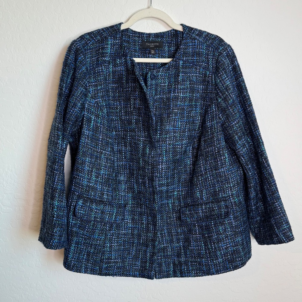 Talbots Woman Blue Teal Tweed Collarless Blazer Jacket 14W Office Preppy Classy